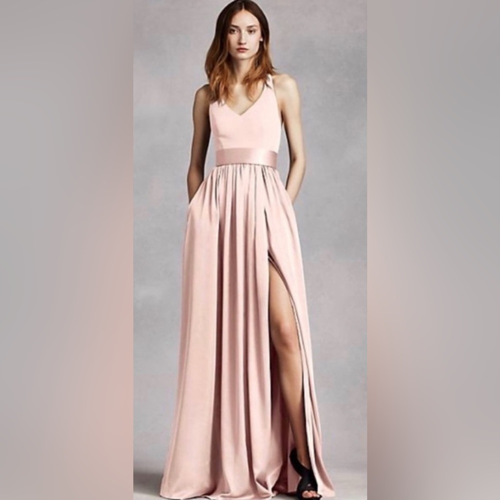 Vera Wang White Blush Pink Halter T Strap Bow Front Slit Bridesmaid Dress 2